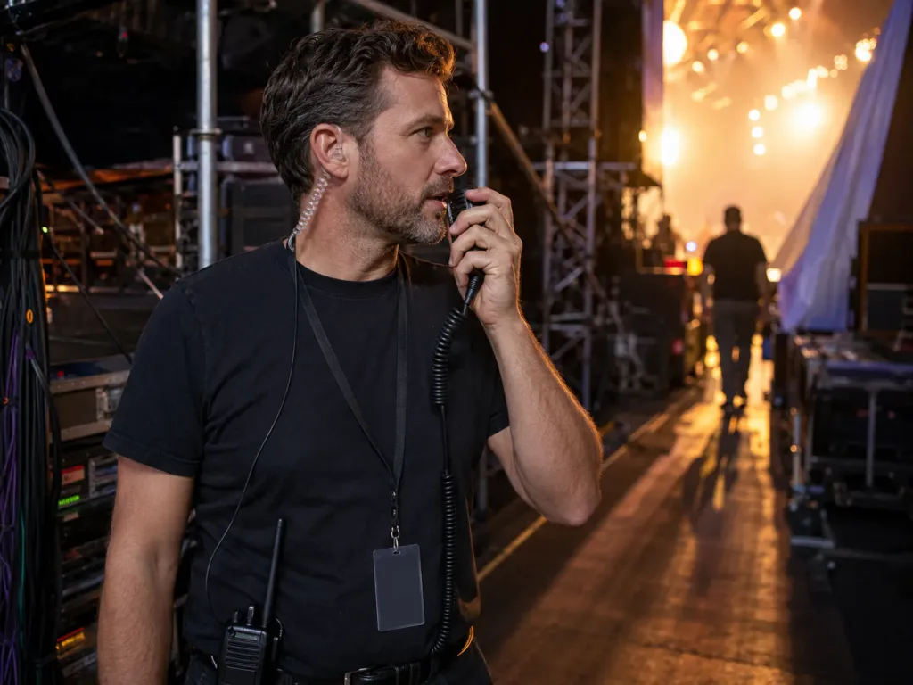 Event production coordinator backstage at a live concert speaking into a shoulder microphone, with a two-way radio clipped to his belt and stage rigging and warm lighting in the background.