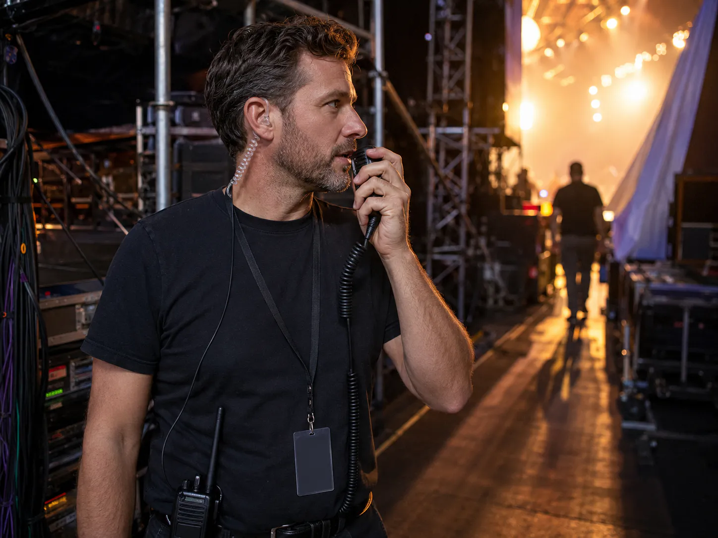 Event production coordinator backstage at a live concert speaking into a shoulder microphone, with a two-way radio clipped to his belt and stage rigging and warm lighting in the background.