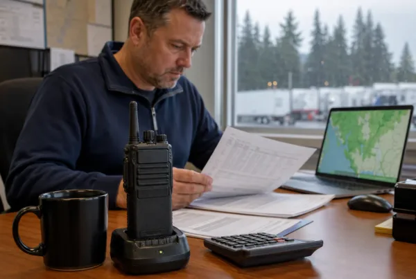 Fleet operations manager reviewing pricing paperwork at a desk with a rugged LTE two-way radio in a charging dock, laptop coverage map, calculator, coffee mug, and rainy Pacific Northwest trees outside the window.