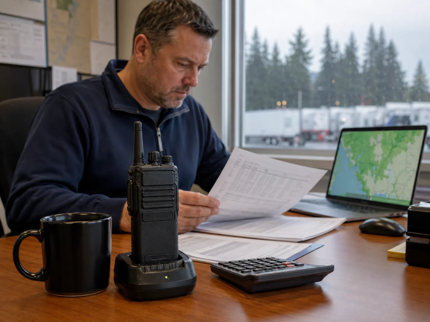 Fleet operations manager reviewing pricing paperwork at a desk with a rugged LTE two-way radio in a charging dock, laptop coverage map, calculator, coffee mug, and rainy Pacific Northwest trees outside the window.