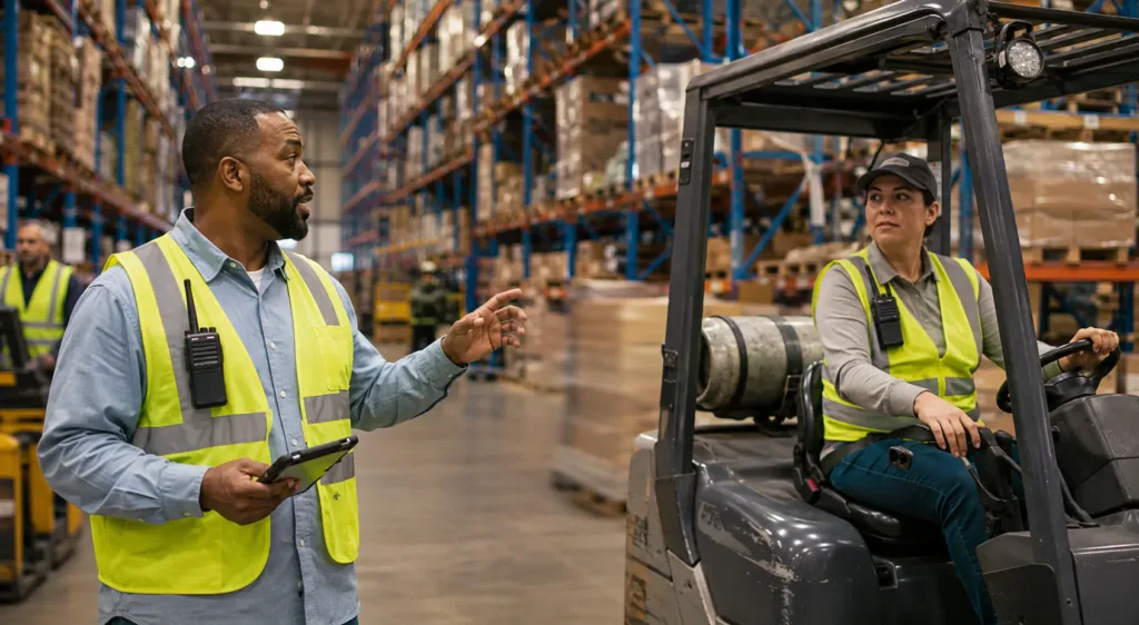 Warehouse supervisor and forklift operator communicating with rugged two-way radios on a distribution center floor