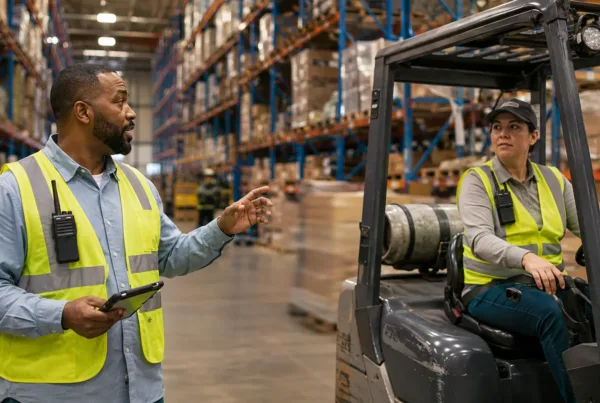 Warehouse supervisor and forklift operator communicating with rugged two-way radios on a distribution center floor