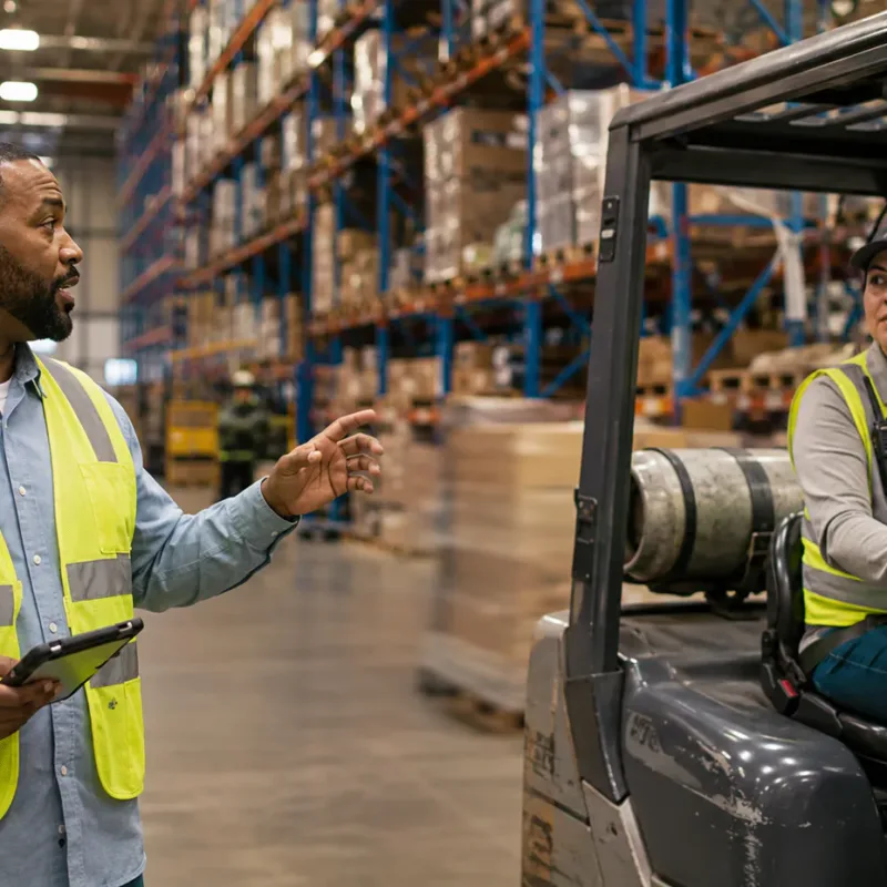 Warehouse supervisor and forklift operator communicating with rugged two-way radios on a distribution center floor
