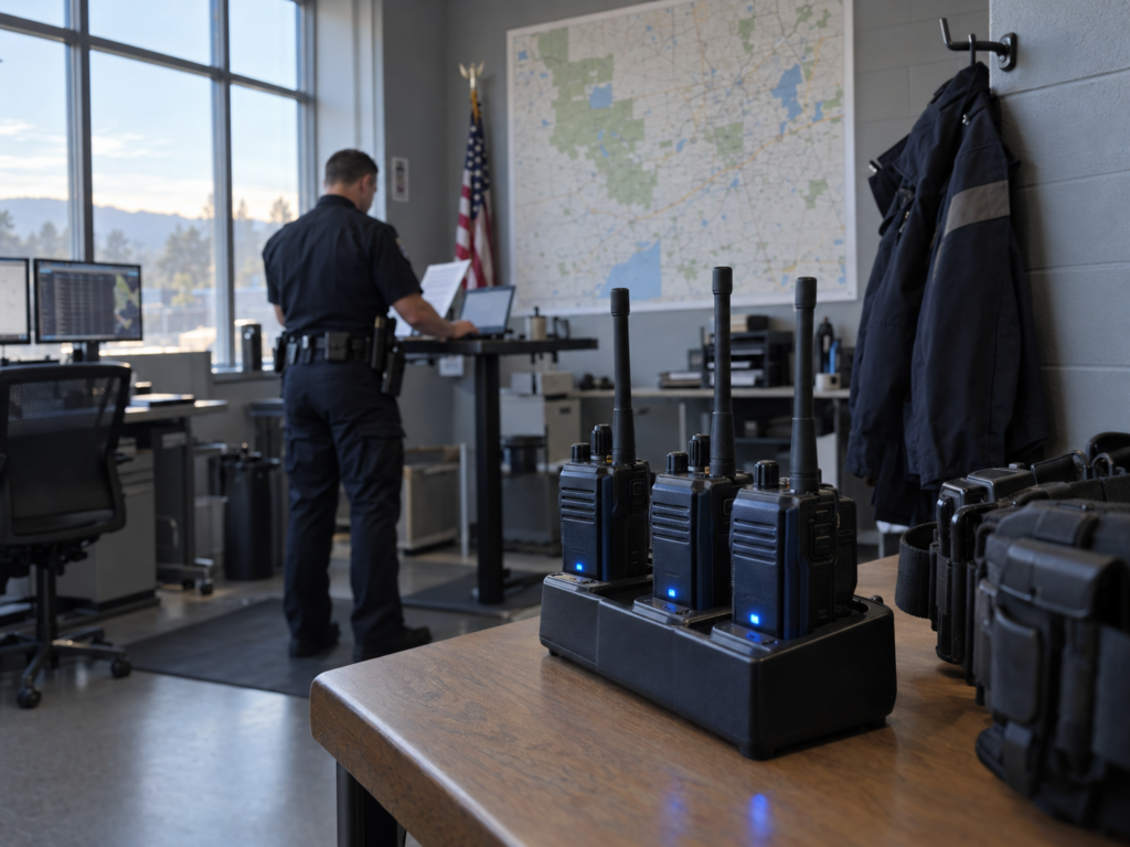 Two-way radios in a charging rack inside a police department dispatch room, representing JAG grant funded communications equipment upgrades