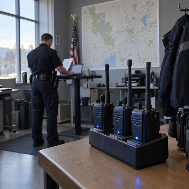 Two-way radios in a charging rack inside a police department dispatch room, representing JAG grant funded communications equipment upgrades