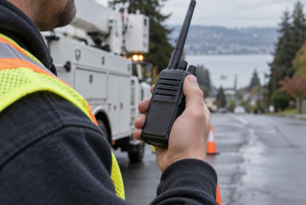 Public works employee using a two-way radio during a municipal field operation