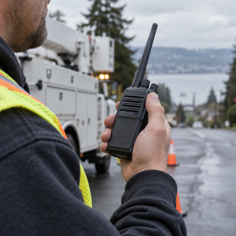 Public works employee using a two-way radio during a municipal field operation