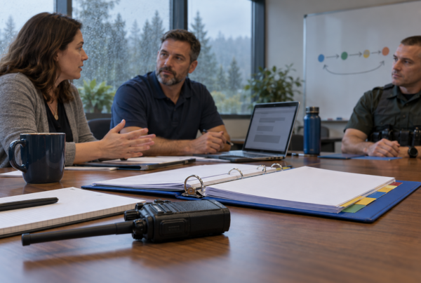 District staff and a deputy planning around a conference table with a binder, laptop and handheld two-way radio