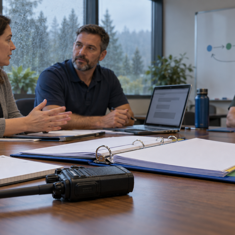 District staff and a deputy planning around a conference table with a binder, laptop and handheld two-way radio